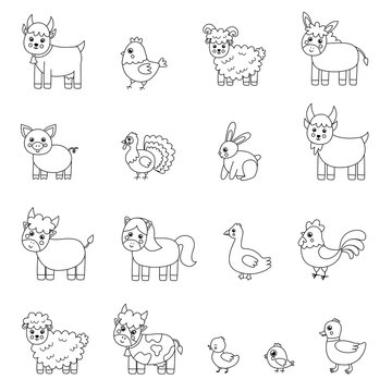 Set of black and white cute farm animals. Vector illustrations.