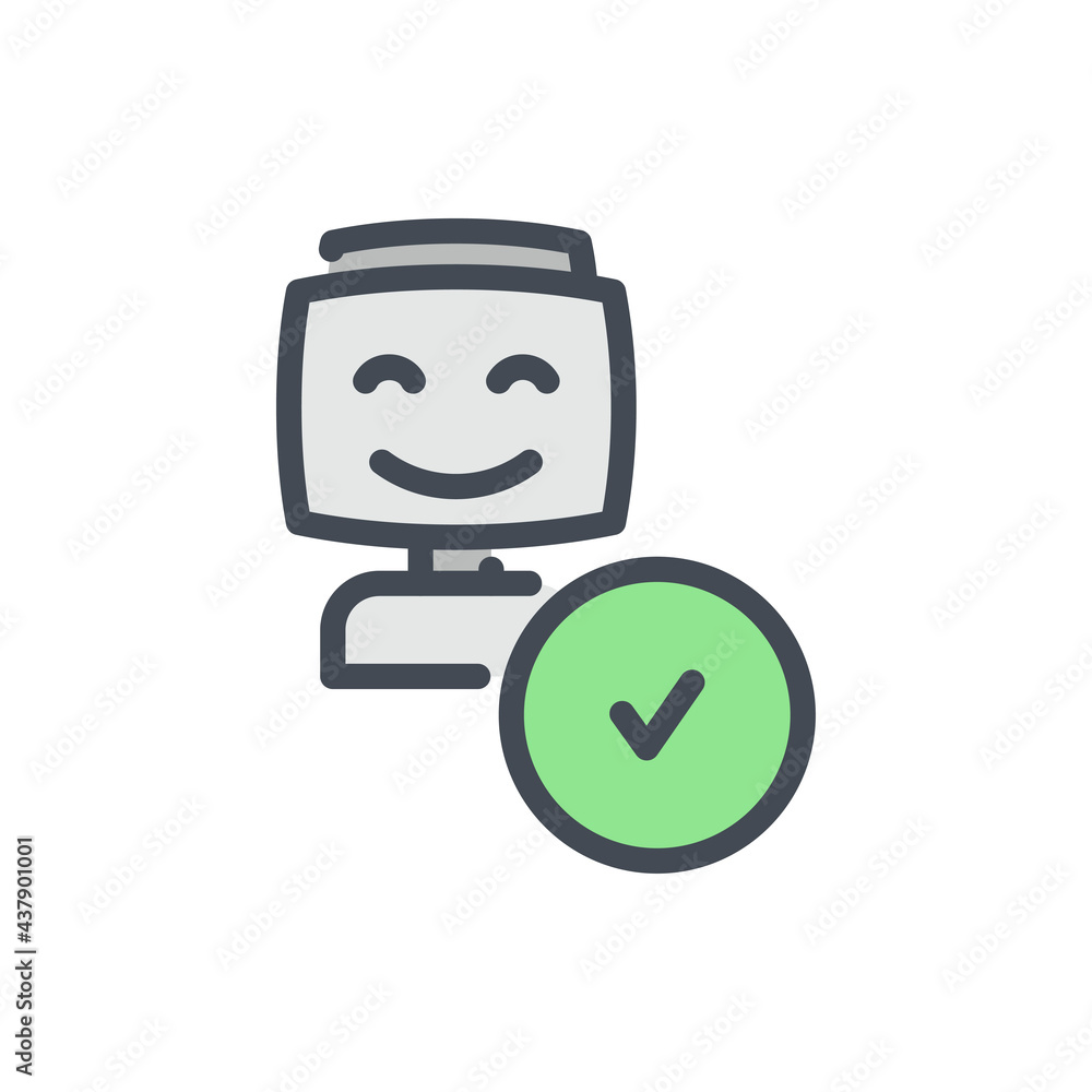 Poster robot with smile and checkmark in circle color line icon. bot with acceptance vector outline colorfu