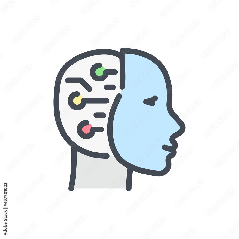 Poster robot head with color line icon. artificial intelligence bot vector outline colorful sign.