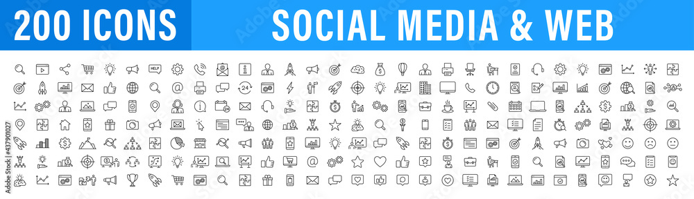 Wall mural set of 200 media and web icons in line style. data analytics, digital marketing, management, message