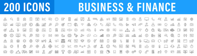 Set of 200 Business icons. Business and Finance web icons in line style. Money, bank, contact, infographic. Icon collection. Vector illustration.