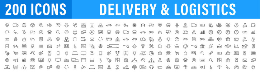 Set of 200 Delivery and logistics web icons in line style. Courier, shipping, express delivery, tracking order, support, business. Vector illustration.