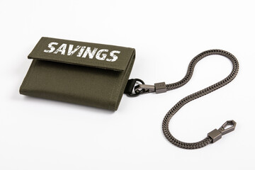 SAVINGS. Wallet with a chain on a white background