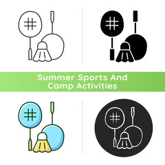 Badminton icon. Hitting shuttlecock. Heart-racing workout. Recreational game. Fast-paced racket sport. Improving aerobic fitness. Linear black and RGB color styles. Isolated vector illustrations