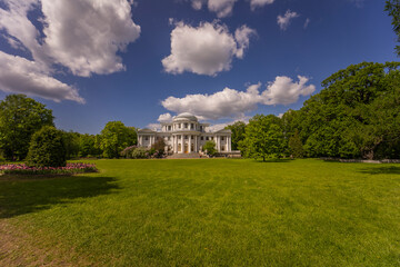 A magnificent landscape with a view of the Elaginoostrovsky Palace on a beautiful sunny day. Saint...
