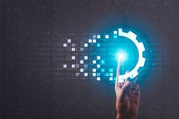 Digital transformation and metaverse concept. Hand touching modern interface futuristic blue gear digital and binary coded background. Connection next generation technology and new era of innovation.