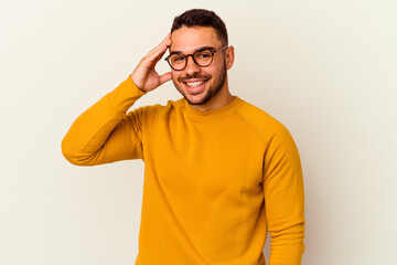 Young caucasian man isolated on white background joyful laughing a lot. Happiness concept.