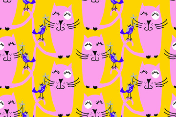 Abstract Hand Drawing Cute Cats and Birds Seamless Vector Pattern Isolated Background 