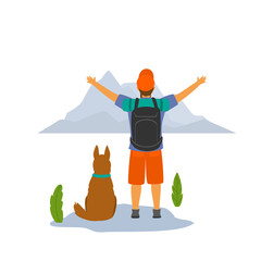 happy hiker with his dog on top of mountain enjoying view isolated vector illustration