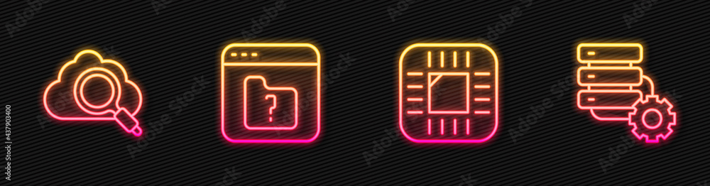 Poster set line processor with cpu, search cloud computing, file missing and server and gear. glowing neon 