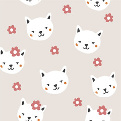Vector seamless pattern with cute cats faces, flowers on beige background. Cute animal pattern design, perfect for t shirt, textile design for kids. Spring minimalistic pattern
