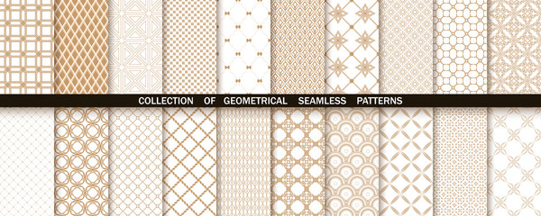 Geometric collection of gold and white patterns. Seamless vector backgrounds. Simple graphics