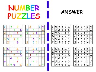 Four sudoku games six by six for beginners colorful vector illustration. Funny number puzzle for kids rainbow printable worksheet. Place 1-6 into horizontal and vertical lines and rectangle just once