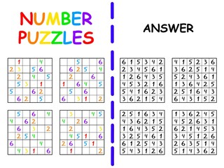 Four sudoku for children with answer colorful vector illustration. Easy six by six sudoku for beginners. Simple number puzzle for kids - educational activity page printable worksheet