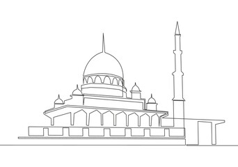 One continuous line drawing of Islamic historical landmark masjid or mosque. The ancient building that works as a place of worship for muslim person concept single line draw design vector illustration
