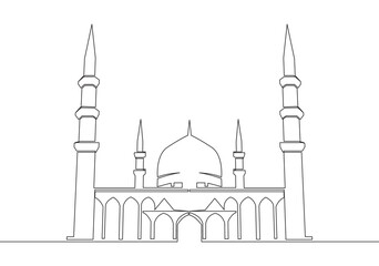 One continuous line drawing of Islamic historical landmark masjid or mosque. The ancient building that works as a place of worship for muslim person concept single line draw design vector illustration