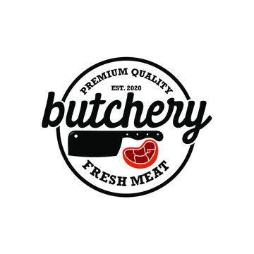 Butcher Shop with crossed cleavers and meat Logo design vector