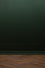 Grüne Wand wie im Museum als Hintergrund mit Fischgrätenparkett Boden rustikal
