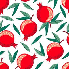 Bright color vector seamless pattern. Red pomegranate, leaves on a white background. For fabric prints, kitchen textiles, stationery. Seasonal summer design.