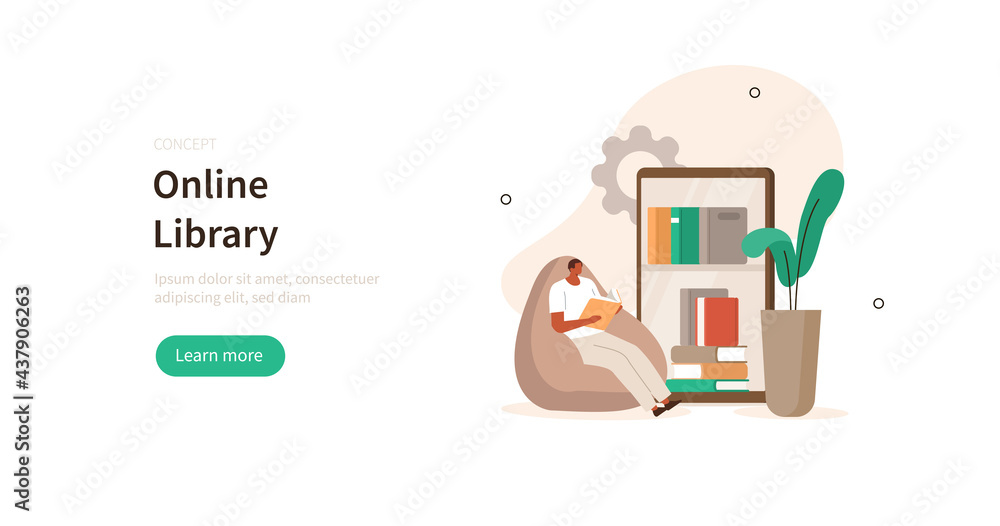 Poster character sitting at home and reading book in online library on smartphone. student with open book i