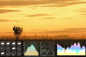 Weather forecast symbol with dramatic silhouette of communication tower on suburb area at twilight time for meteorology presentation and report background.