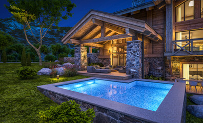 3d rendering of modern cozy chalet with pool and parking for sale or rent.  Massive timber beams columns. Beautiful forest mountains on background. Clear summer night with many stars on the sky.