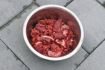 Feeding dog with a healthy raw meat food diet.
