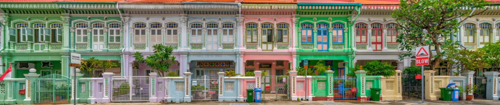 Wide panorama image of Colorful Peranakan House at Katong, Singapore.