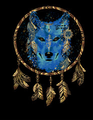 Wolf Head and dream catcher in the style of boho. Print for textile and t-shirts. Totem Native American and shamanic Symbol. Isolated vector illustration.