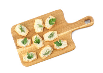 Delicious crackers with humus, parsley and dill on white background, top view