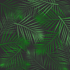 Vector tropical seamless pattern with green palm leaves on a dark background.