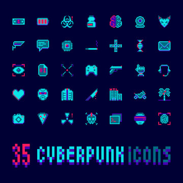 Cyberpunk Pixel Art Vector Icons Set. 35 Neon Futuristic Elements, High Tech Video Game Symbols