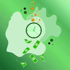 Illustration about investments and working hours. Coins that fall on the clock become bills.