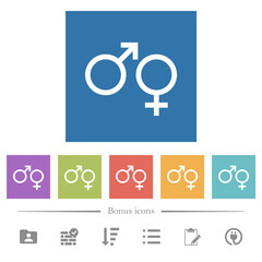 Male and felmale gender symbols flat white icons in square backgrounds