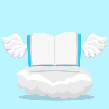 Vector Illustration of Wings Book on Cloud and Blue Color Background.