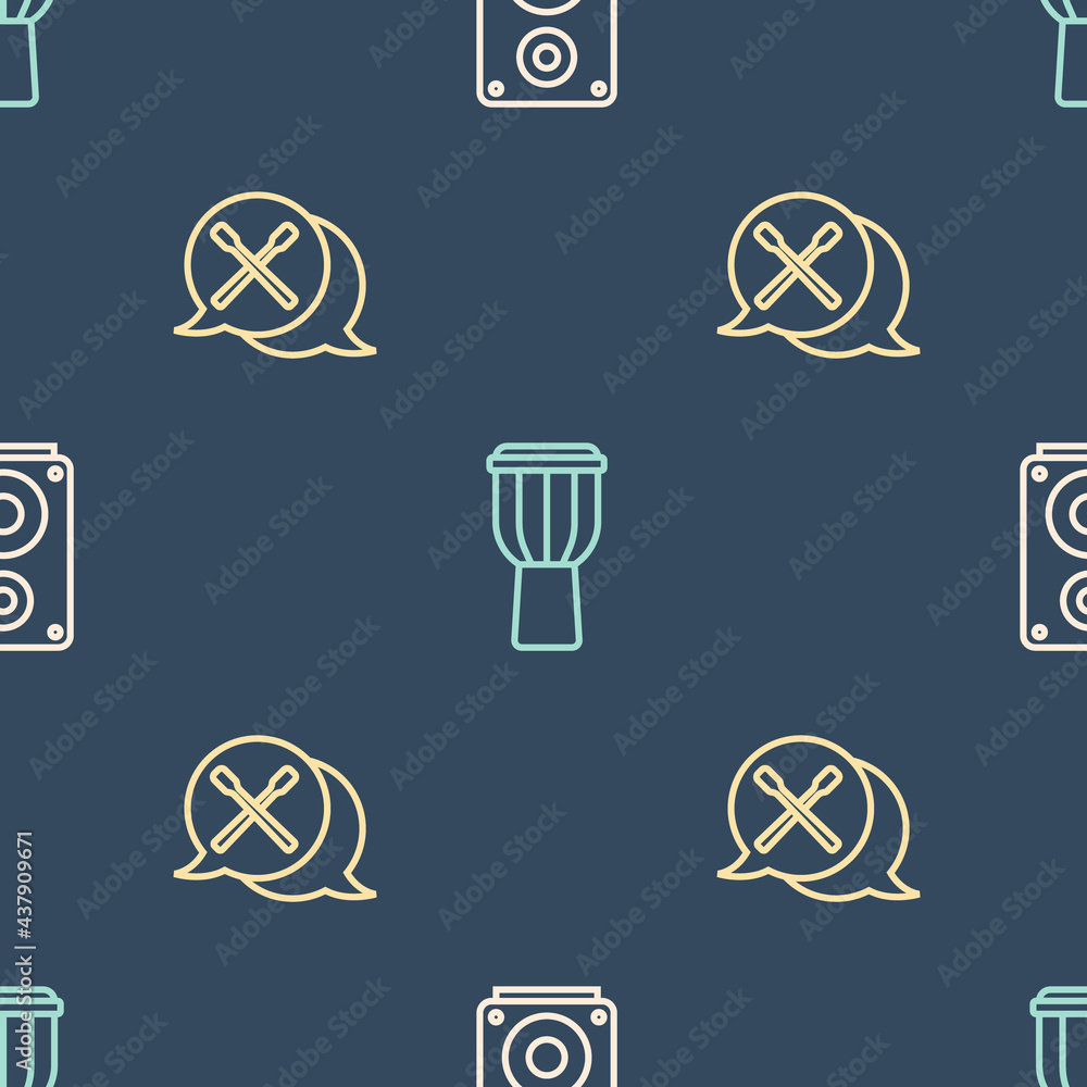 Poster set line stereo speaker, drum sticks and on seamless pattern. vector