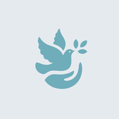 Fototapeta na wymiar Dove icon with hand and olive leaf symbol. Care and peace concept sign. Christian bird in flight vector illustration.