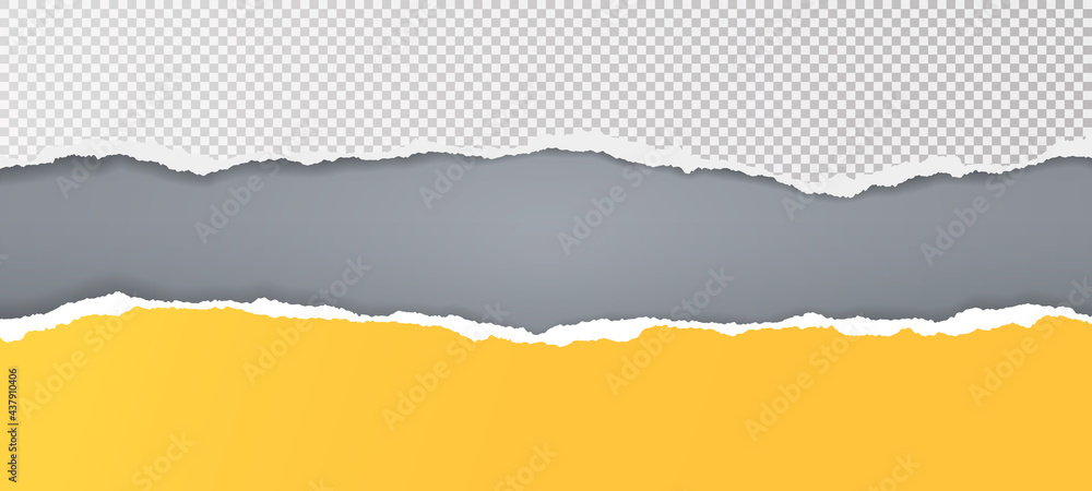 Poster torn, ripped yellow and squared paper strips with soft shadow are on dark grey background for text. 