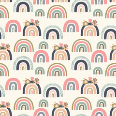 seamless vector pattern with multicolored abstract rainbows on a beige background, for childrens and modern designs	
