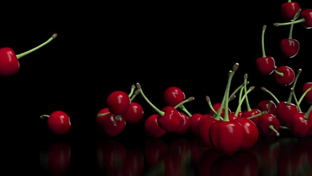 Animation of cherry berries in slow motion on a black background