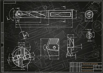 Obraz premium Mechanical engineering drawings on blue background. Drill tools, borer. Technical Design. Cover. Blueprint. Vector illustration.