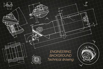 Mechanical engineering drawings on blue background. Boring bar with micrometric adjustment. Technical Design. Cover. Blueprint. Vector illustration.