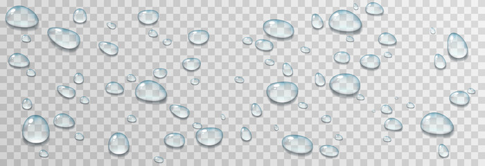 Vector water drops. PNG drops, condensation on the window, on the surface. Realistic drops on an isolated transparent background.