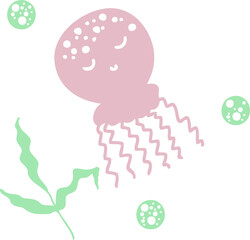 Hand drawn vector illustration lovely jellyfish and seaweed. Design for T-shirt, textile and prints.

