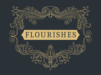 Flourishes calligraphic vintage ornamental background. Golden ornate page with swirls and vignettes elements. Frame design template