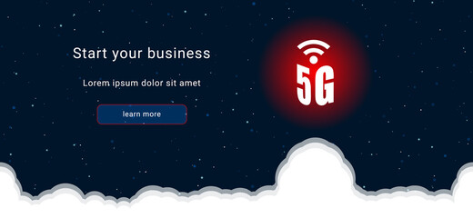 Business startup concept Landing page screen. The 5G symbol on the right is highlighted in bright red. Vector illustration on dark blue background with stars and curly clouds from below