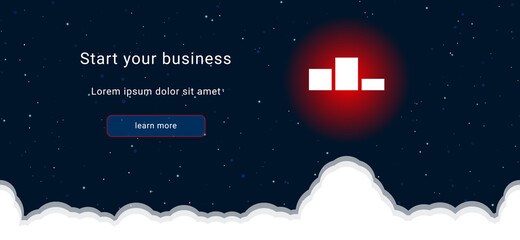 Business startup concept Landing page screen. The winners podium symbol on the right is highlighted in bright red. Vector illustration on dark blue background with stars and curly clouds from below