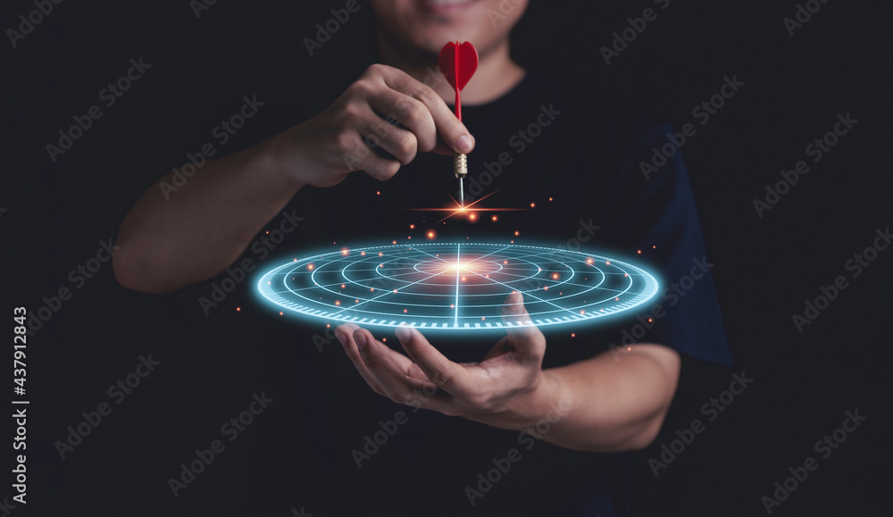 Poster businessman holding virtual blue dartboard with red dart arrow for setup business objectives target 