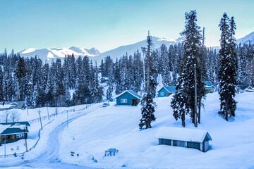 Winter season, Gulmarg is a town, a hill station, a popular tourist & skiing destination, Kashmir, India