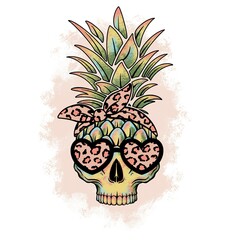 pineapple skull in sunglasses. leopard print. summer color illustration isolated on white background. tropical design for t-shirts